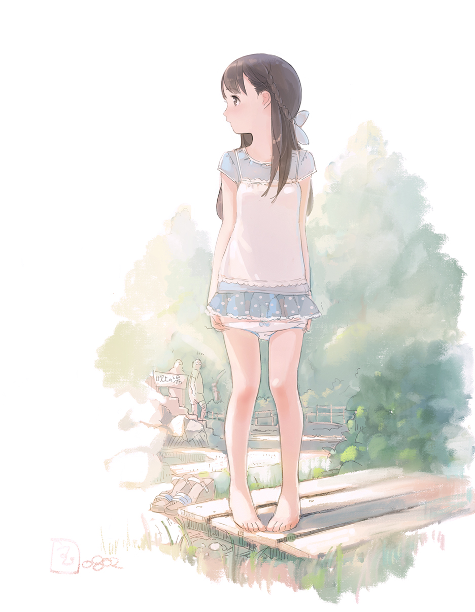 1girl bangs barefoot blue_shirt blue_skirt blush bow bow_panties braid brown_eyes brown_hair camisole camisole_over_clothes closed_mouth dated day eyebrows_visible_through_hair full_body highres kokudou_juunigou long_hair looking_to_the_side miniskirt original outdoors panties panty_pull polka_dot_skirt profile shirt short_sleeves skirt solo standing underwear white_panties