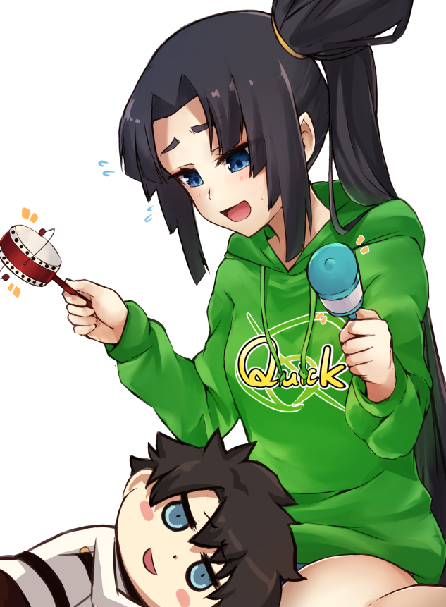 1boy 1girl :d black_hair blue_eyes fate/grand_order fate_(series) flying_sweatdrops fujimaru_ritsuka_(male) hood hoodie lap_pillow long_hair open_mouth p!nta rattle rattle_drum riyo_(lyomsnpmp)_(style) side_ponytail sitting smile ushiwakamaru_(fate/grand_order)