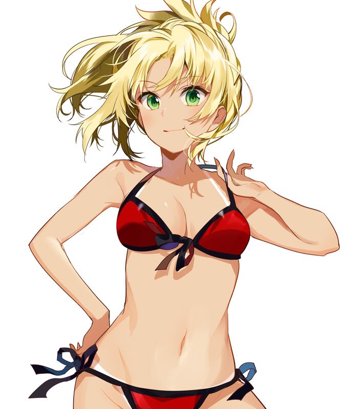 1girl bare_arms bikini blonde_hair breasts cleavage cowboy_shot fate/apocrypha fate_(series) front-tie_bikini front-tie_top green_eyes hand_on_hip looking_at_viewer medium_breasts red_bikini saber_of_red side-tie_bikini simple_background smile solo swimsuit tan tanline white_background yunkel_(zeijaku_mental)