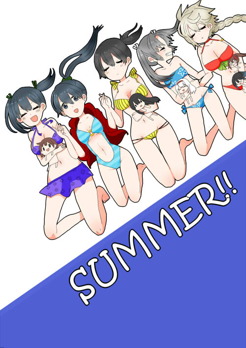6+girls :d =_= akagi_(kantai_collection) amagi_(kantai_collection) asymmetrical_hair bare_shoulders bikini black_hair blue_hair blue_swimsuit blush braid breasts brown_hair chibi cleavage closed_eyes collarbone commentary_request flower full_body gradient_hair green_hair green_ribbon grey_hair grin hair_between_eyes hair_flower hair_ornament hair_ribbon hiryuu_(kantai_collection) houshou_(kantai_collection) jacket jumping kaga_(kantai_collection) kantai_collection katsuragi_(kantai_collection) legs_up long_hair multicolored_hair multiple_girls navel open_mouth ponytail red_jacket red_swimsuit ribbon short_hair shoukaku_(kantai_collection) side-tie_bikini side_ponytail simple_background single_braid smile souryuu_(kantai_collection) swimsuit teeth track_jacket twintails unryuu_(kantai_collection) very_long_hair white_ribbon yellow_swimsuit yoichi_(umagoya) zuikaku_(kantai_collection)