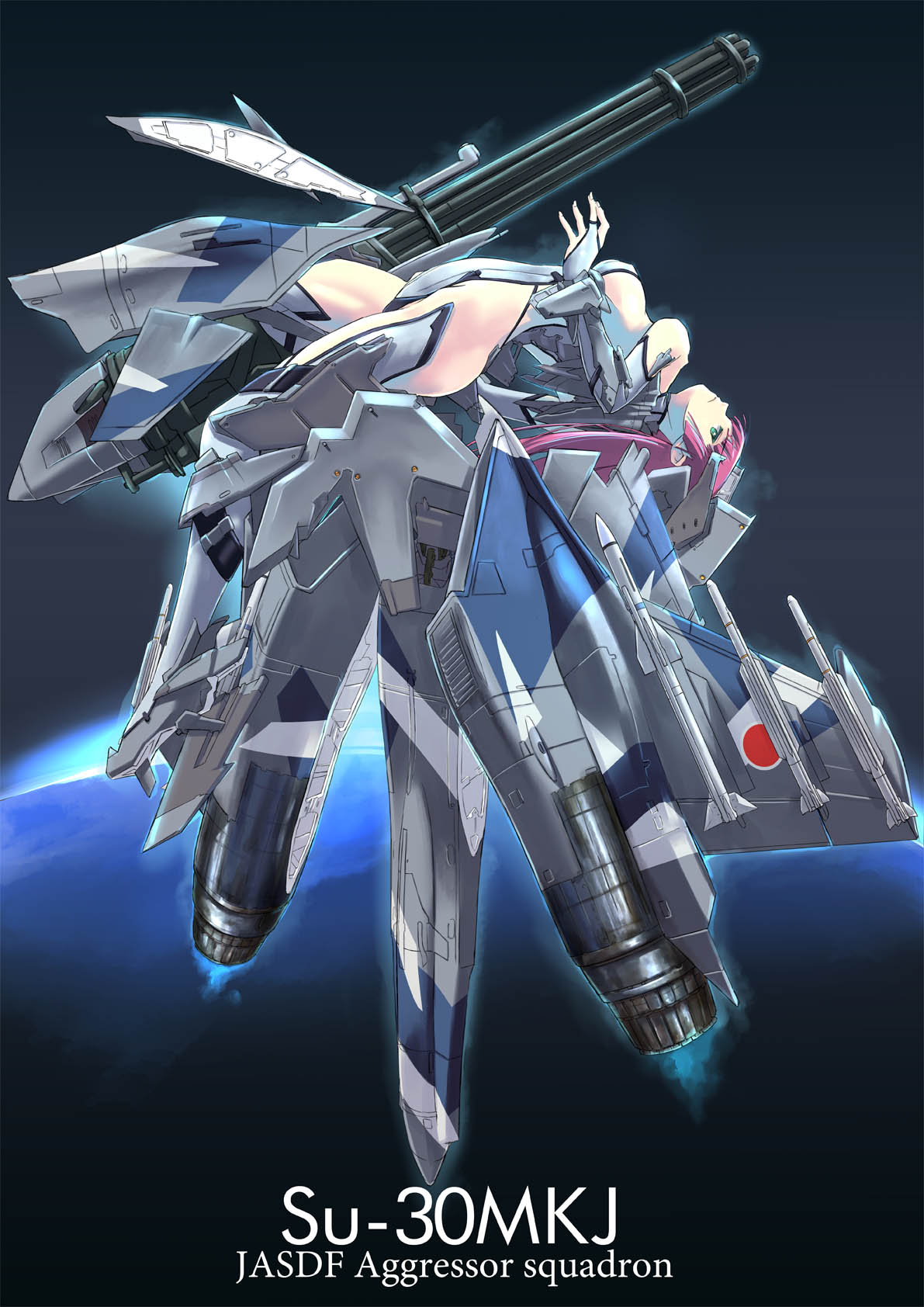 1girl bridal_gauntlets commentary_request gatling_gun green_eyes gun highres long_hair mecha_musume missile nenchi original personification redhead solo su-30 thrusters weapon