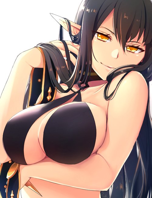 1girl adjusting_hair assassin_of_red black_hair black_swimsuit breast_hold breasts cocorosso fate/apocrypha fate_(series) long_hair pointy_ears solo swimsuit yellow_eyes