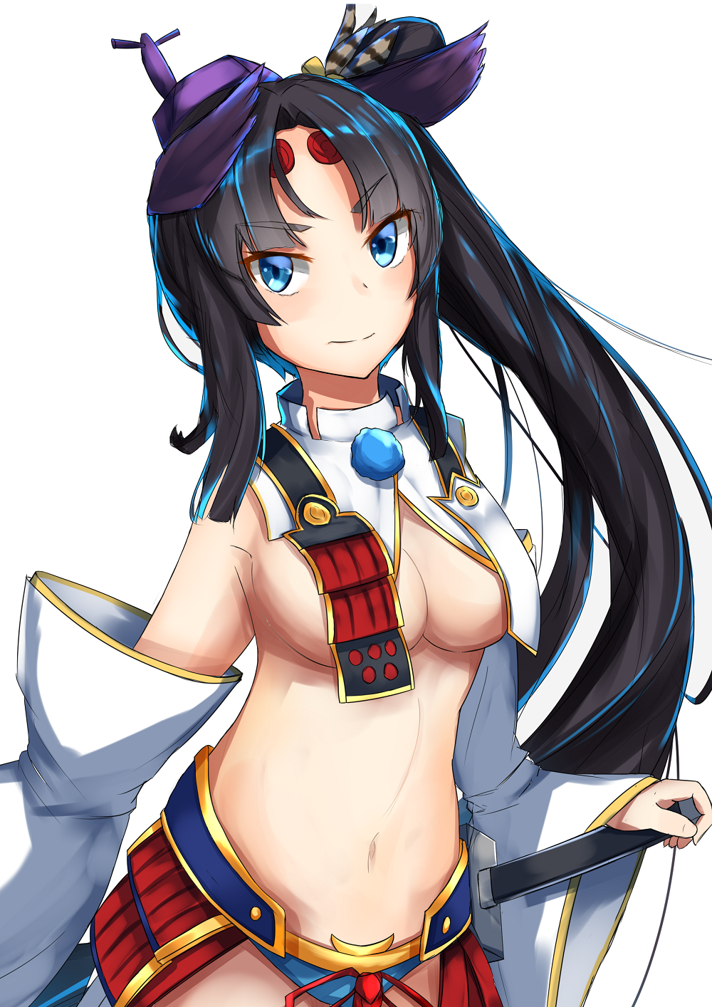 1girl armor black_hair blue_eyes breasts cleavage detached_sleeves fate/grand_order fate_(series) hat highres looking_at_viewer nanomaru navel sheath sheathed simple_background solo sword under_boob ushiwakamaru_(fate/grand_order) weapon white_background
