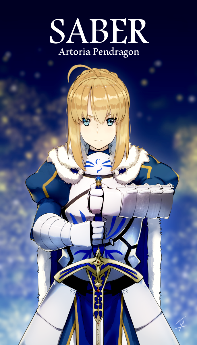 &gt;:) 1girl ahoge armor armored_dress artoria_pendragon_(all) bangs blonde_hair blue_eyes cape character_name closed_mouth cowboy_shot excalibur fate/stay_night fate_(series) fur_trim gauntlets hayabusa highres looking_at_viewer saber smile solo