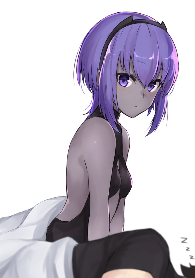 assassin_(fate/prototype_fragments) bare_shoulders black_hair breasts dark_skin fate/grand_order fate/prototype fate/prototype:_fragments_of_blue_and_silver fate_(series) fujimaru_ritsuka_(male) hairband p!nta purple_hair revealing_clothes simple_background sleeveless violet_eyes white_background zzz