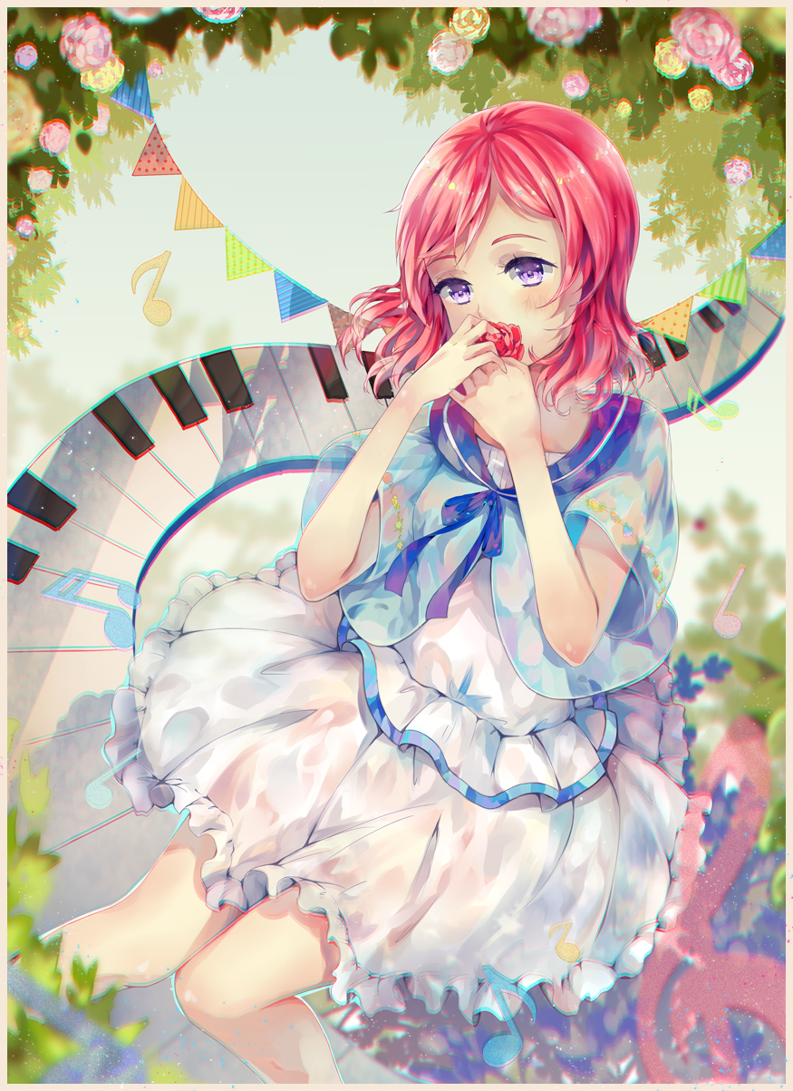 1girl blue_ribbon border chromatic_aberration day flower frilled_skirt frills highres holding holding_flower knees_together_feet_apart love_live! love_live!_school_idol_project musical_note neck_ribbon nishikino_maki outdoors piano_keys pink_flower pink_rose red_flower red_rose redhead ribbon rose shirt short_hair short_sleeves skirt solo string_of_flags teka treble_clef violet_eyes white_shirt white_skirt yellow_flower yellow_rose