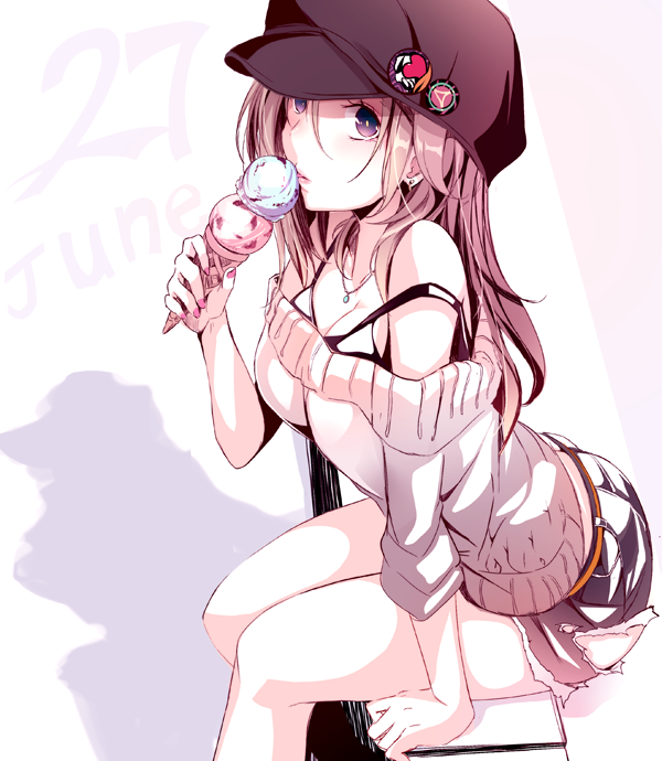 1girl arm_support bare_shoulders breasts brown_hair cabbie_hat dated earrings food from_side hair_between_eyes haruka_natsuki hat ice_cream ice_cream_cone jewelry june lipstick long_hair looking_at_viewer makeup medium_breasts nail_polish necklace original pink_nails sitting skirt solo strap_slip stud_earrings sweater violet_eyes
