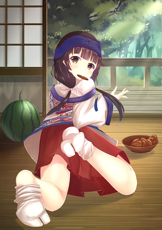 10s 1girl ainu ainu_clothes all_fours amayadori_machi bangs blunt_bangs bowl brown_eyes brown_hair coat commentary_request eyebrows_visible_through_hair food food_in_mouth fruit hair_ribbon hakama headband indoors japanese_clothes kazuha_(saku_kn) kumamiko long_hair looking_at_viewer looking_back low_twintails miko mouth_hold nature no_shoes off_shoulder overcoat red_hakama ribbon senbei shirt sock_pull solo tabi twintails watermelon white_legwear white_shirt wide_sleeves