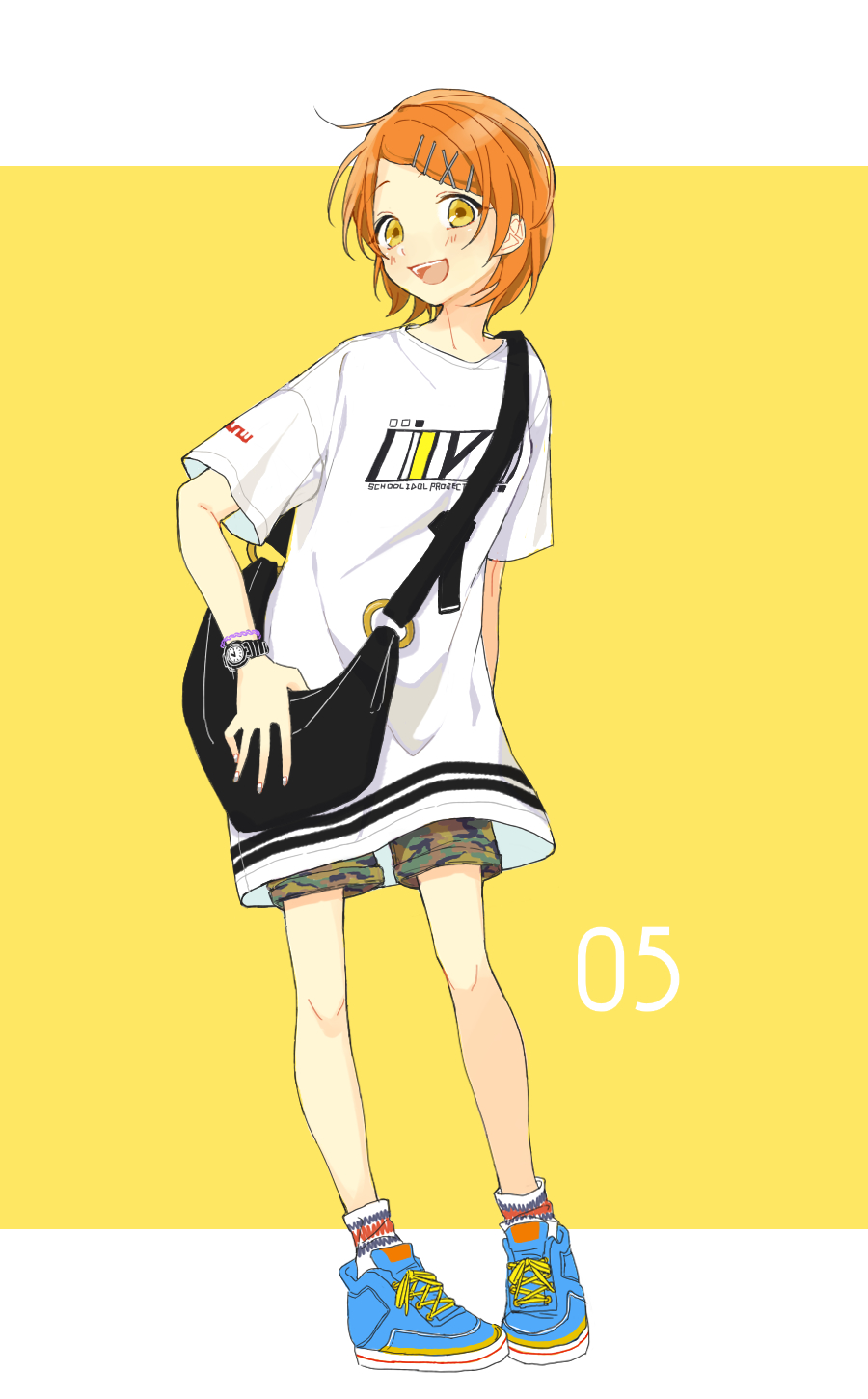 1girl :d ahoge azuma_(no488888) bag blue_shoes bracelet camouflage camouflage_shorts casual fashion full_body hair_ornament hairpin highres hoshizora_rin jewelry long_shirt looking_at_viewer love_live! love_live!_school_idol_project open_mouth orange_hair pigeon-toed shirt shoes short_hair short_sleeves shorts shoulder_bag simple_background smile sneakers socks solo t-shirt watch watch white_shirt x_hair_ornament yellow_background yellow_eyes