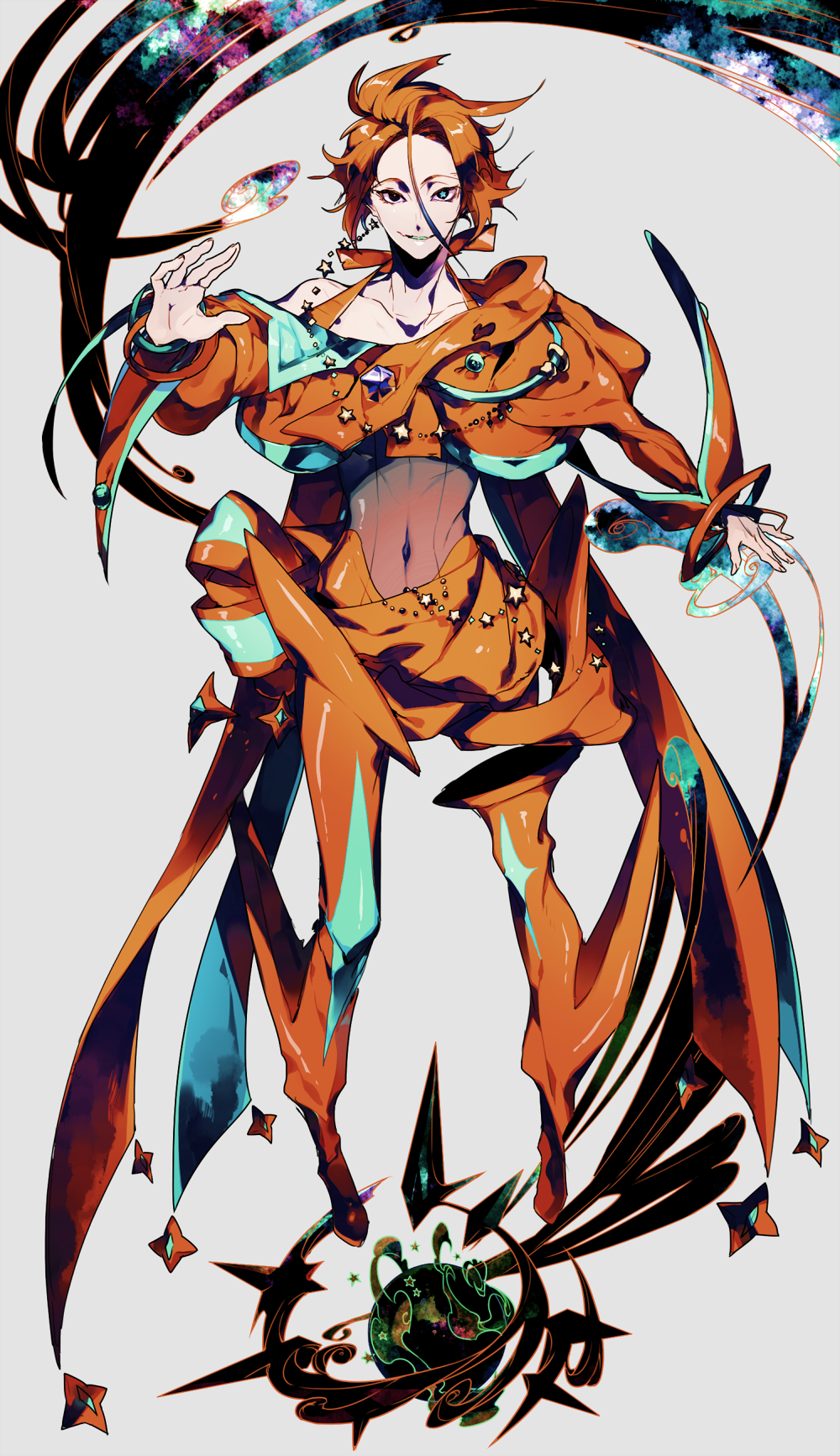 androgynous collarbone covered_navel deoxys full_body gloves grey_background heterochromia highres looking_at_viewer orange_gloves orange_hair personification pokemon solo standing zazaki