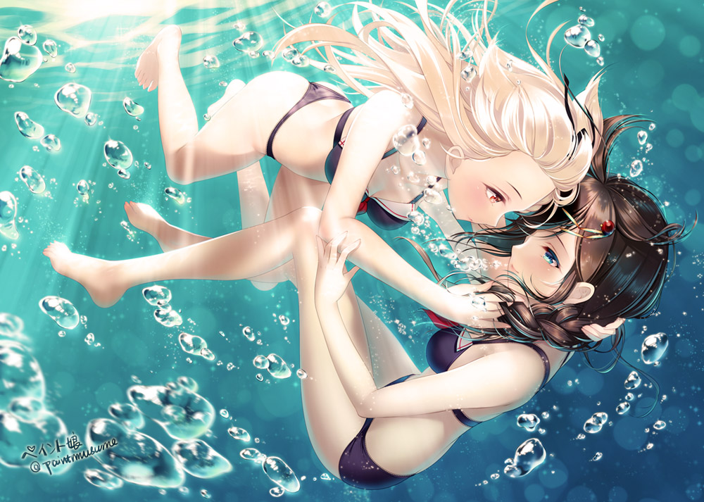 2girls adapted_costume air_bubble arm artist_name ass bare_arms bare_legs bare_shoulders barefoot bikini black_bikini blonde_hair blue_eyes braid breasts brown_hair bubble closed_mouth couple eye_contact face-to-face feet female floating_hair full_body hair_flaps highres kantai_collection legs long_hair looking_at_another multiple_girls mutual_yuri red_eyes remodel_(kantai_collection) shigure_(kantai_collection) single_braid smile swimsuit toes twitter_username underwater youqiniang yuri yuudachi_(kantai_collection)