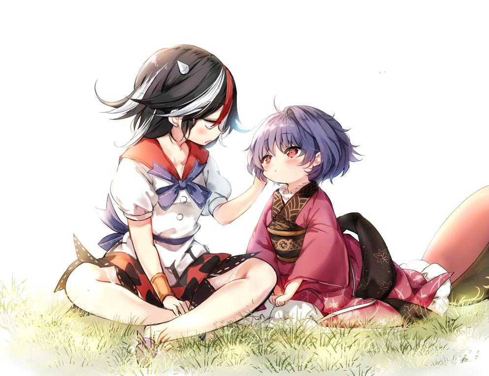 2girls barefoot black_hair bowl bowl_hat eye_contact grass hat horns indian_style japanese_clothes kijin_seija kimono long_sleeves looking_at_another multicolored_hair multiple_girls obi on_ground piyokichi puffy_sleeves purple_hair red_eyes red_kimono redhead sash shirt short_hair sitting skirt streaked_hair sukuna_shinmyoumaru touhou white_hair white_shirt wide_sleeves