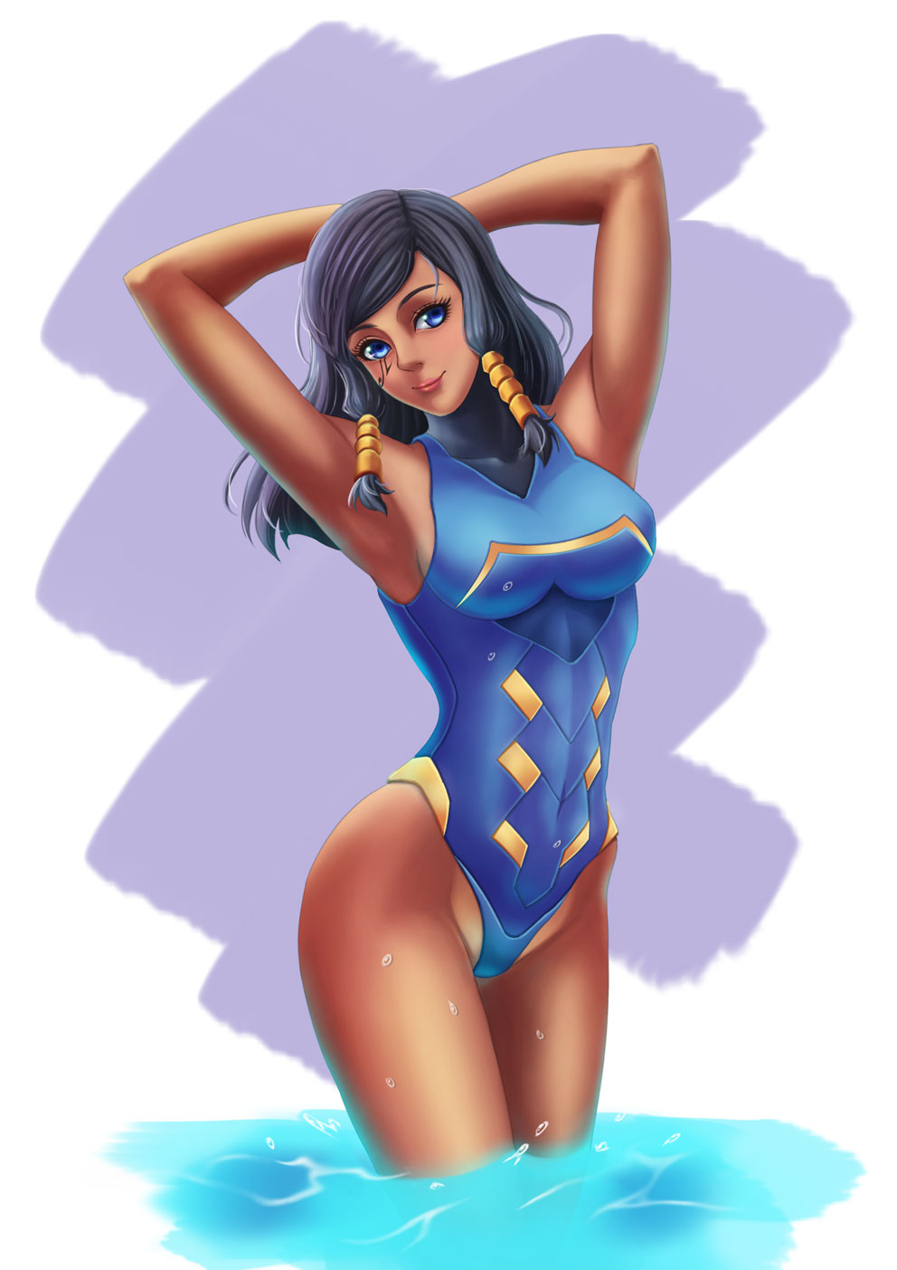 1girl alternate_eye_color armpits arms_behind_head blue_eyes blue_swimsuit breasts dark_skin eye_of_horus facial_tattoo hair_tubes highleg highleg_swimsuit highres large_breasts one-piece_swimsuit overwatch pharah_(overwatch) rin_(oppairin) solo swimsuit tattoo turtleneck wading water