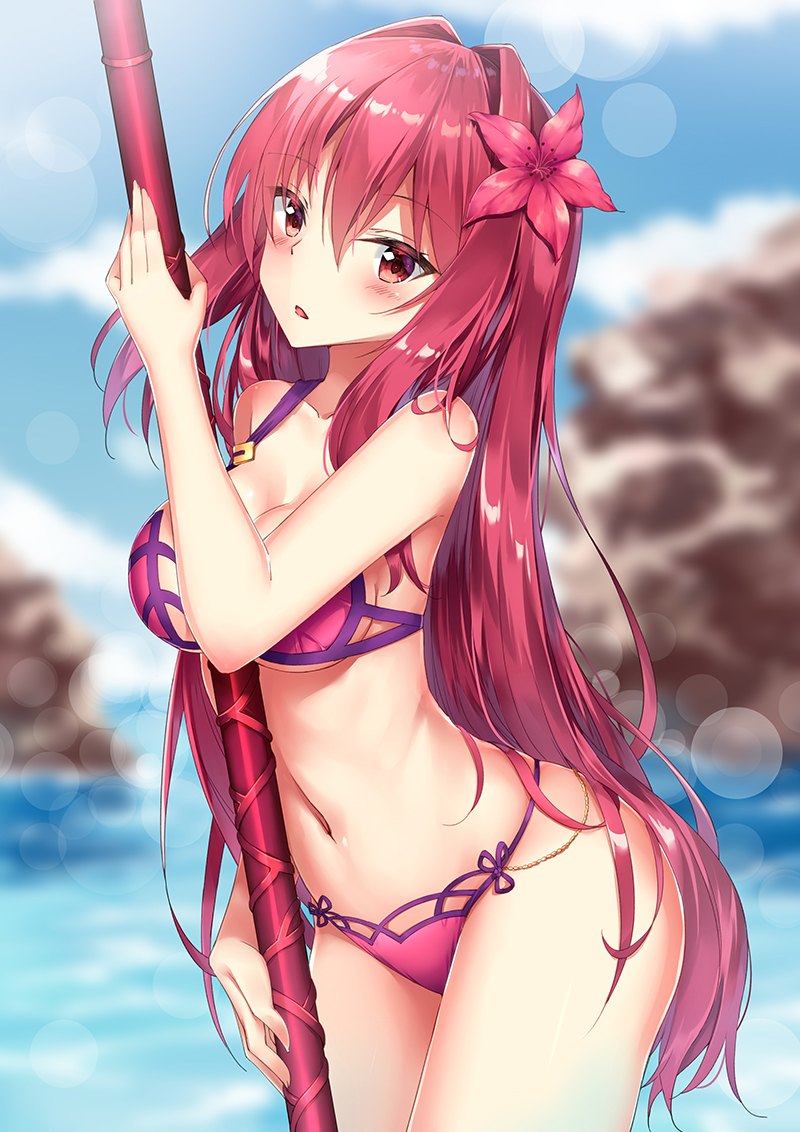 1girl arched_back bangs bikini blurry blurry_background blush breasts cleavage commentary cowboy_shot day eyebrows_visible_through_hair eyes_visible_through_hair fate/grand_order fate_(series) flower hair_flower hair_intakes hair_ornament holding holding_weapon legs_together long_hair looking_at_viewer medium_breasts navel outdoors parted_lips polearm purple_bikini purple_hair revision rong_yi_tan scathach_(fate/grand_order) scathach_(swimsuit_assassin)_(fate) shiny shiny_hair solo standing swimsuit very_long_hair violet_eyes water weapon