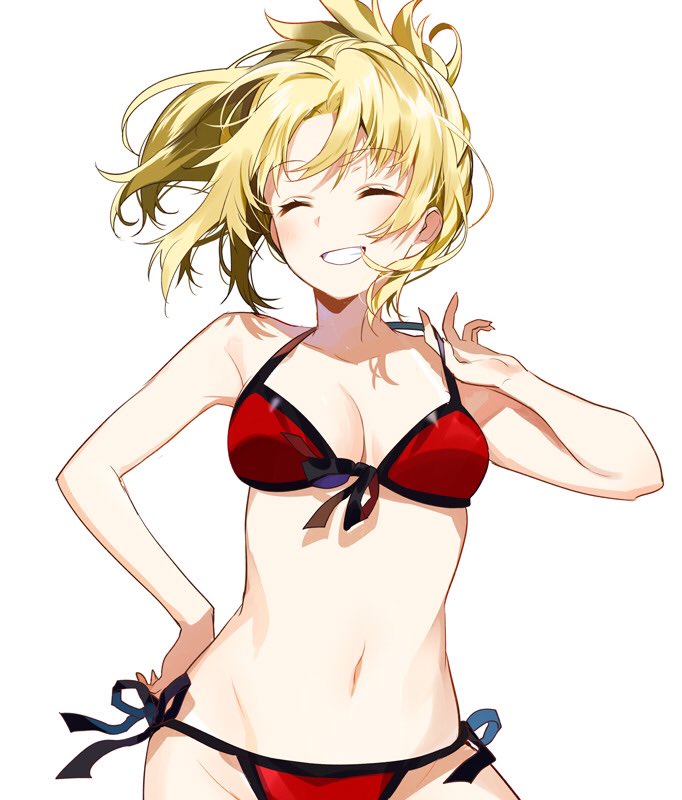1girl bare_arms bikini blonde_hair breasts cleavage cowboy_shot fate/apocrypha fate_(series) front-tie_bikini front-tie_top hand_on_hip medium_breasts red_bikini saber_of_red side-tie_bikini simple_background smile solo swimsuit white_background yunkel_(zeijaku_mental)