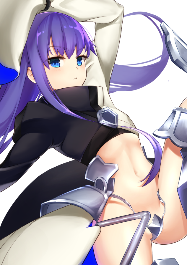 1girl ass blush crotch_plate fate/extra fate/extra_ccc fate_(series) flat_chest long_hair meltlilith navel p!nta purple_hair simple_background solo white_background