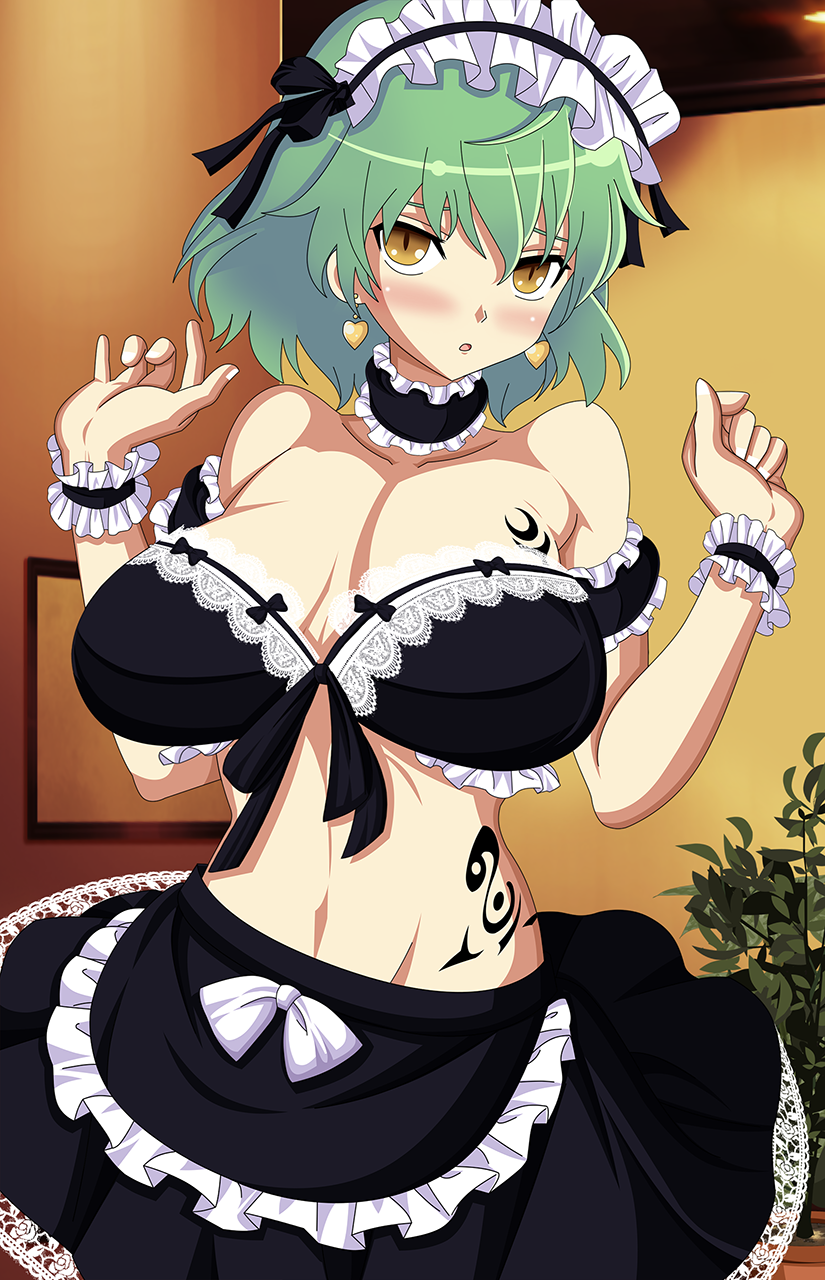 1girl bare_shoulders blush bow breasts brown_eyes choker dress earrings frills green_hair groin heart heart_earrings highres hikage_(senran_kagura) jewelry large_breasts looking_at_viewer maid maid_headdress midriff navel parted_lips senran_kagura senran_kagura_(series) seraphina short_hair slit_pupils solo tattoo yellow_eyes