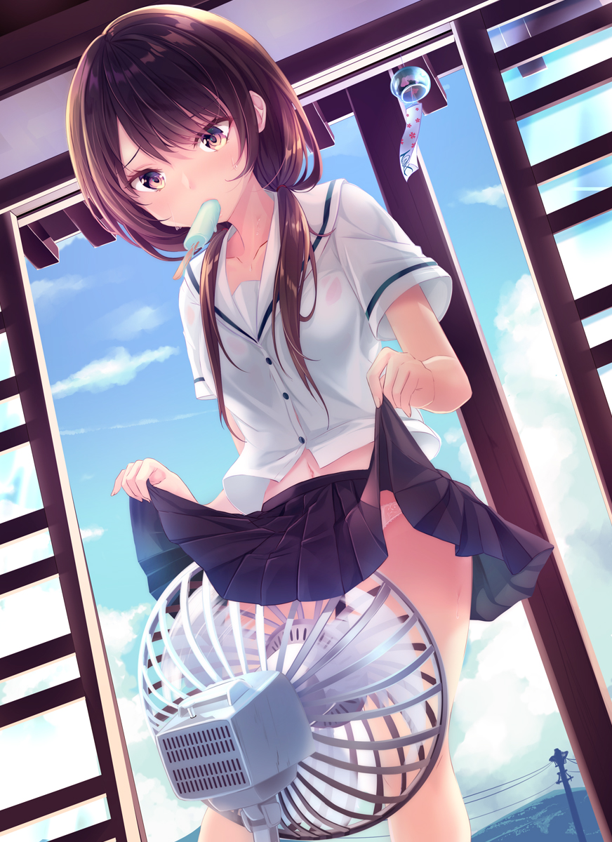 1girl bangs blouse blue_sky blush brown_eyes brown_hair clouds cloudy_sky day dutch_angle eyebrows_visible_through_hair fan food food_in_mouth haruka_natsuki highres indoors legs_apart lifted_by_self long_hair low_twintails mouth_hold original panties panty_peek popsicle power_lines school_uniform see-through serafuku short_sleeves skirt skirt_lift sky solo sweat thighs twintails underwear violet_eyes white_blouse white_panties wind_chime