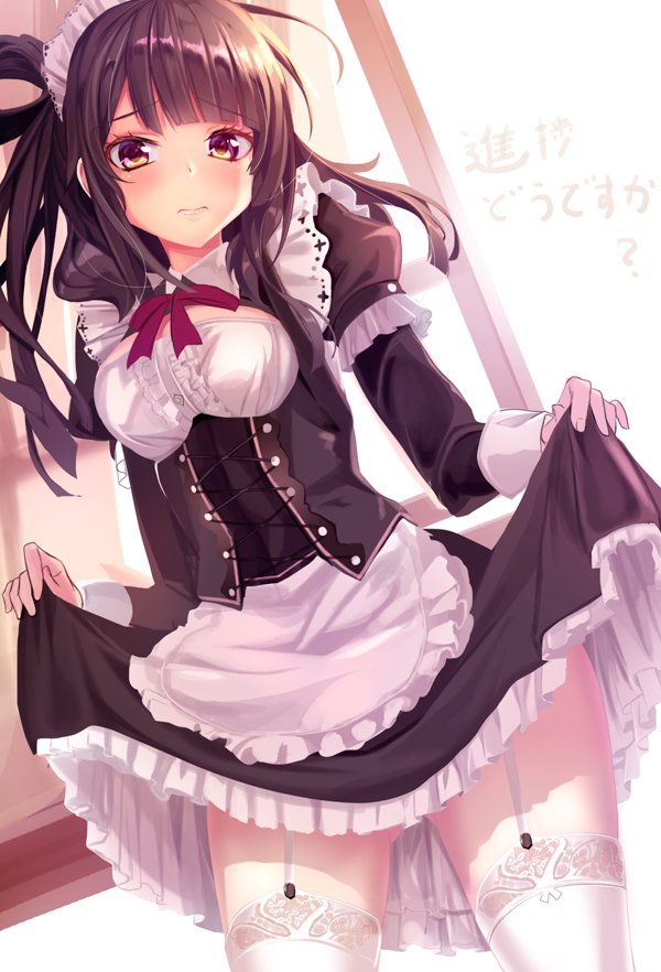 1girl 3: apron bangs black_dress blunt_bangs blush breasts brown_eyes brown_hair closed_mouth corset cowboy_shot day dress eyebrows_visible_through_hair frilled_apron frills garter_straps hair_rings haruka_natsuki indoors juliet_sleeves lace lace-trimmed_thighhighs lifted_by_self long_hair long_sleeves looking_at_viewer maid maid_headdress medium_breasts original puffy_sleeves sidelocks skirt skirt_lift solo thigh-highs thighs two_side_up waist_apron white_legwear