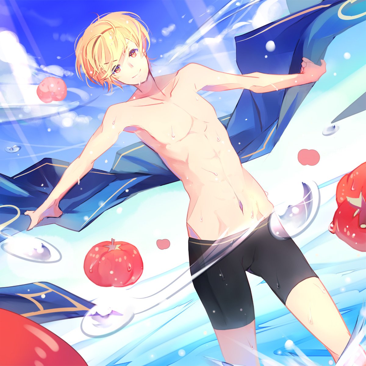 1boy abs bare_chest blonde_hair blue_sky fire_emblem fire_emblem_heroes fire_emblem_if highres kariya_(mizore) leon_(fire_emblem_if) looking_at_viewer ocean outdoors red_eyes shorts sky smile solo tomato water