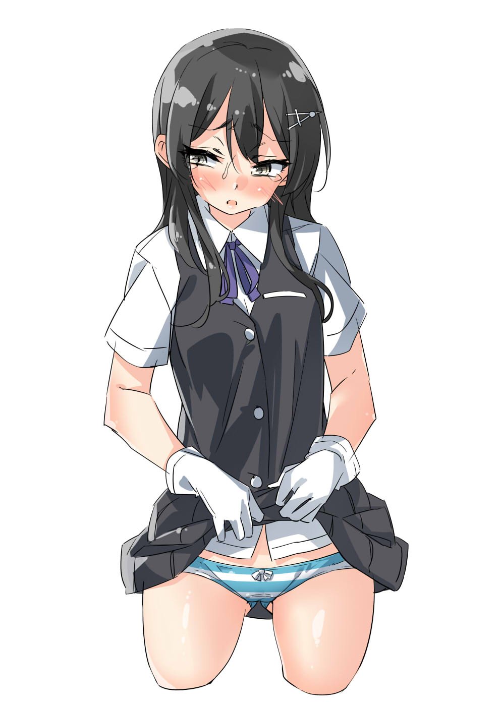 1girl bangs black_hair black_skirt black_vest blush bow bow_panties breast_pocket buttons collared_shirt cowboy_shot cropped_legs ebifurya eyebrows_visible_through_hair gloves gluteal_fold hair_between_eyes hair_ornament hairclip highres kantai_collection lifted_by_self long_hair looking_away looking_to_the_side neck_ribbon open_mouth oyashio_(kantai_collection) panties pleated_skirt pocket purple_ribbon ribbon shirt short_sleeves sidelocks simple_background skirt skirt_lift sleeveless solo striped striped_panties tears underwear vest white_background white_bow white_gloves white_shirt yellow_eyes