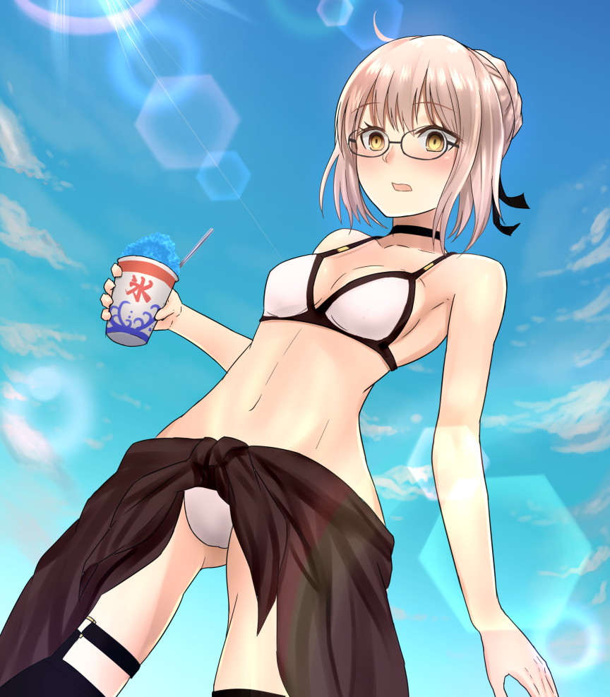 1girl ahoge artoria_pendragon_(all) bikini blonde_hair blush braid breasts choker cleavage embarrassed fate/grand_order fate_(series) french_braid from_behind glasses gluteal_fold groin hips lens_flare mizoredama mysterious_heroine_x_(alter) navel shaved_ice sideboob solo swimsuit thigh-highs yellow_eyes