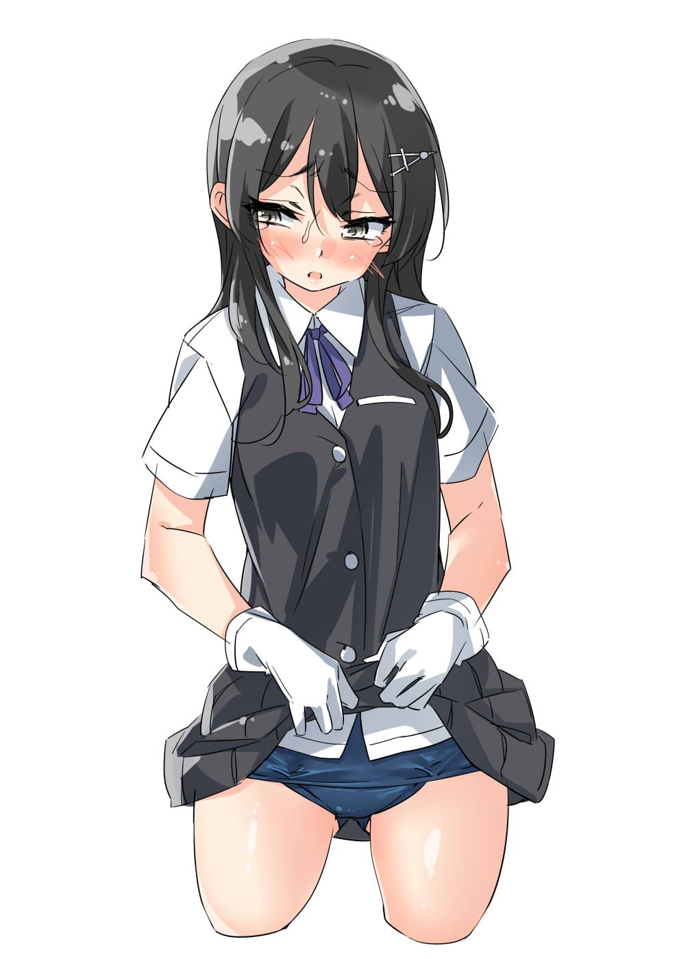 1girl bangs black_hair black_skirt black_vest blush breast_pocket buttons collared_shirt cowboy_shot cropped_legs ebifurya eyebrows_visible_through_hair gloves gluteal_fold hair_between_eyes hair_ornament hairclip highres kantai_collection lifted_by_self long_hair looking_away looking_to_the_side neck_ribbon open_mouth oyashio_(kantai_collection) pleated_skirt pocket purple_ribbon ribbon school_swimsuit shirt short_sleeves sidelocks simple_background skirt skirt_lift sleeveless solo swimsuit swimsuit_under_clothes tears vest white_background white_gloves white_shirt yellow_eyes