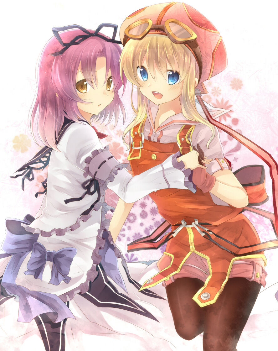 2girls :d :o armband ascot bangs black_legwear blonde_hair blue_bow blue_eyes blush bow dress eiyuu_densetsu eyebrows_visible_through_hair flat_chest frilled_dress frilled_sleeves frills gloves goggles goggles_on_head gothic_lolita hair_between_eyes hair_ribbon hand_holding hat interlocked_fingers lolita_fashion long_sleeves looking_at_viewer multiple_girls open_mouth overalls pantyhose purple_hair red_bow red_hat renne rento_(rukeai) ribbon short_shorts short_sleeves shorts sidelocks smile sora_no_kiseki tita_russell white_dress yellow_eyes