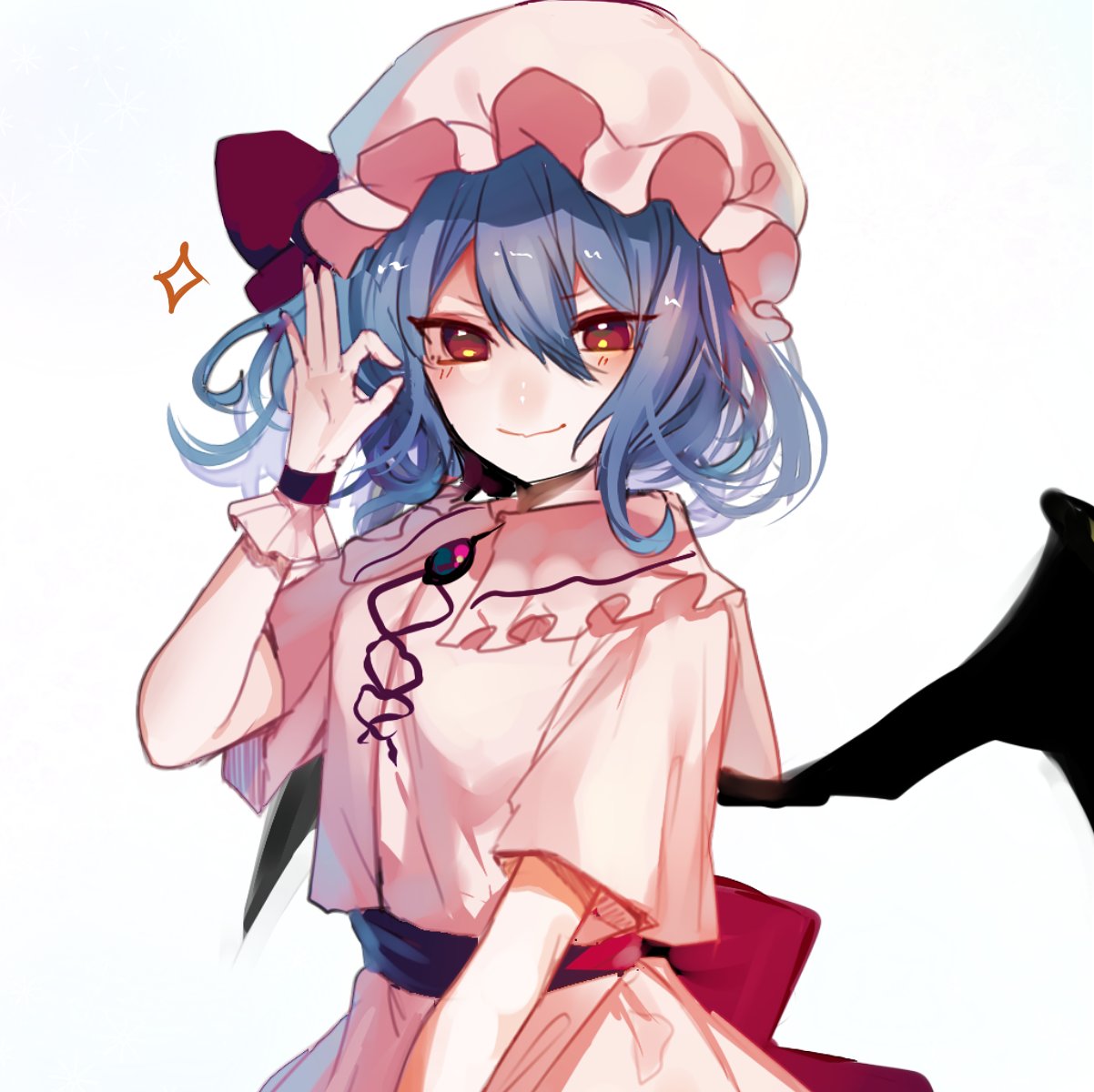 &gt;:) 1girl bat_wings blue_hair blush bow brooch closed_mouth daimaou_ruaeru frilled_shirt_collar frills hair_between_eyes hat hat_bow highres jewelry looking_at_viewer mob_cap pink_shirt red_bow red_eyes remilia_scarlet sash shirt smile solo touhou upper_body wings wrist_cuffs