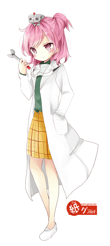 1girl :&gt; blush eyebrows_visible_through_hair full_body goggles goggles_around_neck green_shirt half_updo hand_in_pocket holding labcoat loafers no_legwear pink_eyes pink_hair plaid plaid_skirt robot shirt shoes simple_background skirt smile solo standing tsukiyo_(skymint) watermark web_address white_background white_shoes wrench yellow_skirt