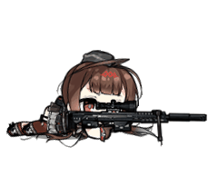 1girl :&gt; ^_^ aiming animated animated_gif bangs bipod blunt_bangs brown_eyes brown_gloves brown_hair chibi closed_eyes closed_mouth dsr-50_(girls_frontline) garrison_cap giggling girls_frontline gloves gun hat holding holding_gun holding_weapon kneeling laughing long_hair lowres lying official_art on_stomach rifle sidelocks simple_background smile sniper_rifle solo weapon white_background