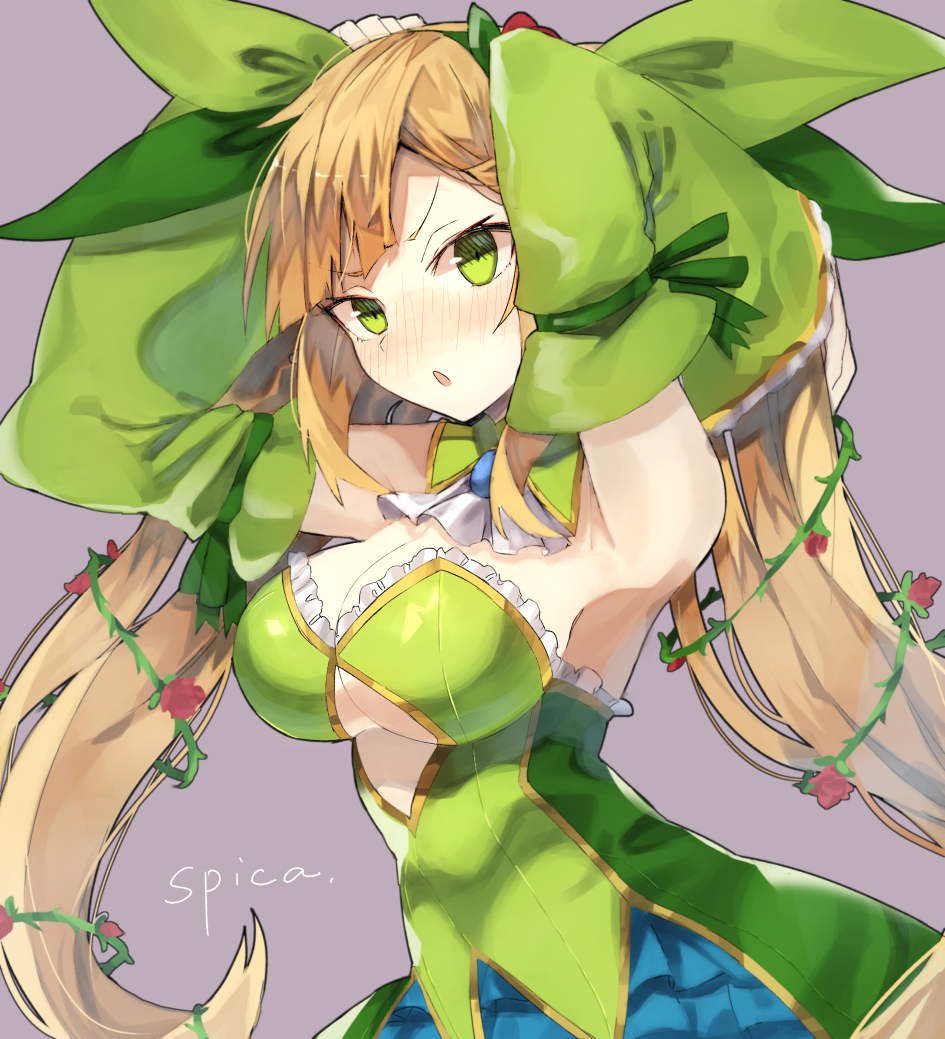 1girl armpits arms_up ascot bangs bei_mochi blonde_hair blush bow breasts character_name cleavage commentary_request detached_collar detached_sleeves eyebrows_visible_through_hair flower green_bow green_eyes grey_background hair_bow long_hair looking_at_viewer medium_breasts nose_blush open_mouth plant sennen_sensou_aigis simple_background solo spica_(sennen_sensou_aigis) twintails upper_body vines