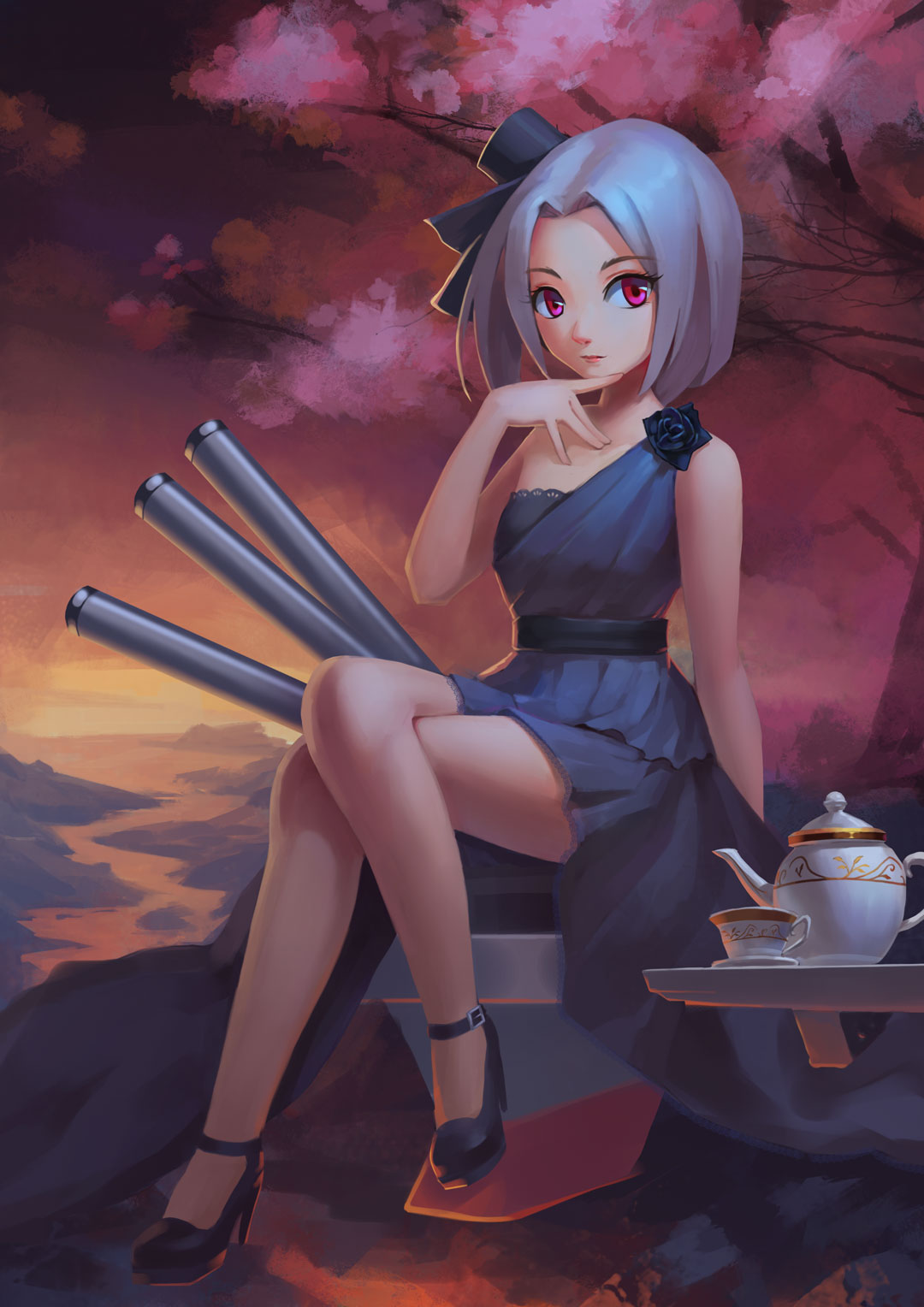 1girl ayase_(chanxie) black_dress black_shoes cannon cup dress evening full_body hat high_heels highres legs_crossed looking_at_viewer mini_hat red_eyes sash shoes short_hair sitting solo teacup teapot vittorio_veneto_(zhan_jian_shao_nyu) white_hair zhan_jian_shao_nyu