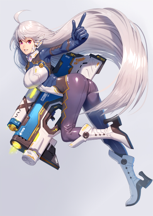 1girl ahoge bodysuit boots breasts finger_gun from_side full_body grin gun high_heel_boots high_heels holding holding_gun holding_weapon large_breasts long_hair looking_at_viewer looking_to_the_side ogino_(oginogino) original pink_eyes silver_hair skin_tight smile solo very_long_hair weapon white_boots