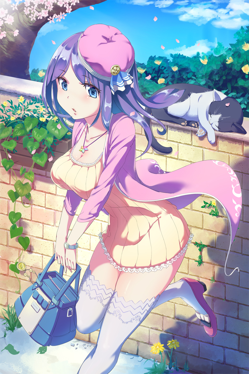 1girl animal bag blue_eyes blush breasts cat cleavage collarbone eyebrows_visible_through_hair handbag hat high_heels highres large_breasts long_hair looking_at_viewer loup original parted_lips plant potted_plant purple_hair purple_hat solo sweater thigh-highs tree watch watch white_legwear