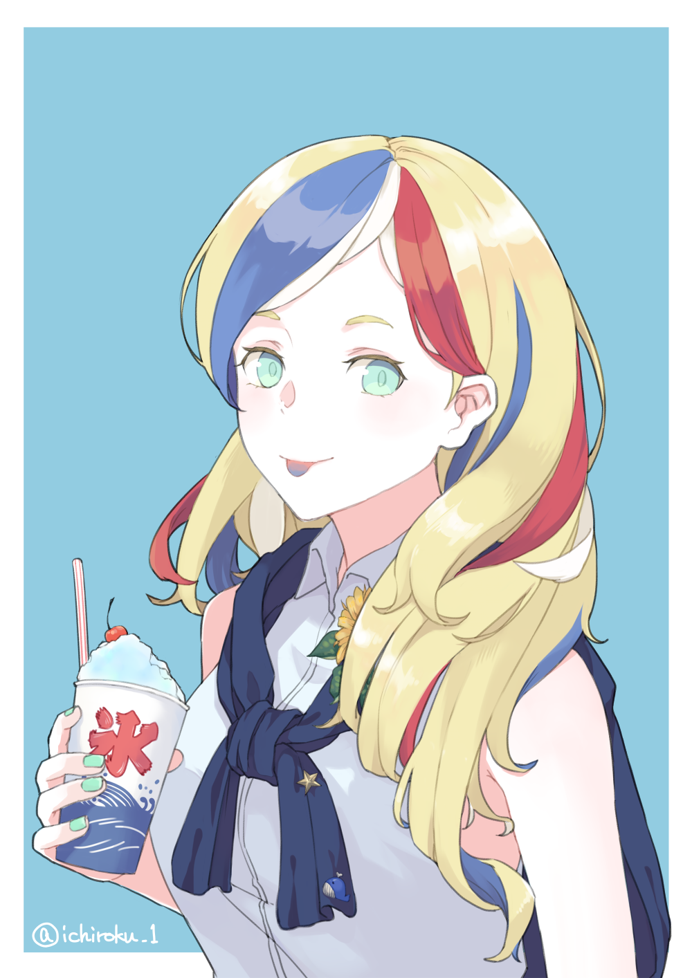 1girl alternate_costume blonde_hair blue_eyes blue_hair casual commandant_teste_(kantai_collection) flower highres kantai_collection long_hair looking_at_viewer multicolored_hair redhead shaved_ice solo streaked_hair sunflower tongue tongue_out ueno_(sakumogu-029) upper_body white_hair