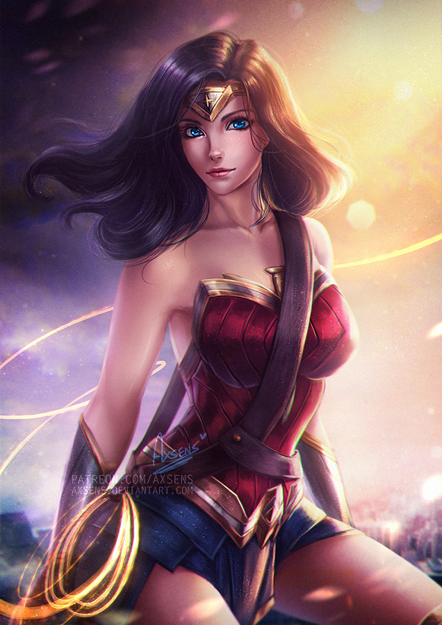 1girl alexandra_mae artist_name bag bare_shoulders black_hair blue_eyes breasts circlet collarbone dc_comics large_breasts lasso lasso_of_truth light_particles miniskirt signature skirt smile solo superhero watermark web_address wonder_woman wonder_woman_(series)