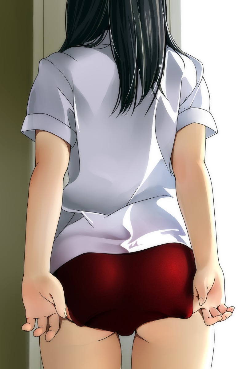 1girl adjusting_clothes ass black_hair buruma buruma_pull cowboy_shot from_behind gym_uniform highres long_hair matsunaga_kouyou original red_buruma shirt solo white_shirt