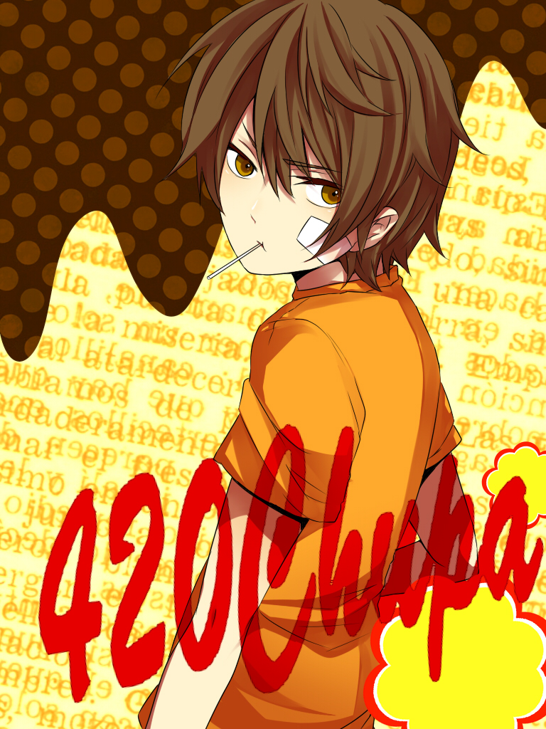 1boy bandaid bandaid_on_face brown_background brown_hair candy child chupa_chups closed_mouth dotted_background durarara!! english eyebrows eyebrows_visible_through_hair eyelashes food hair_between_eyes heiwajima_shizuo hiiroichi in_mouth lollipop looking_at_viewer shirt short_hair short_sleeves simple_background solo t-shirt text upper_body yellow_eyes younger