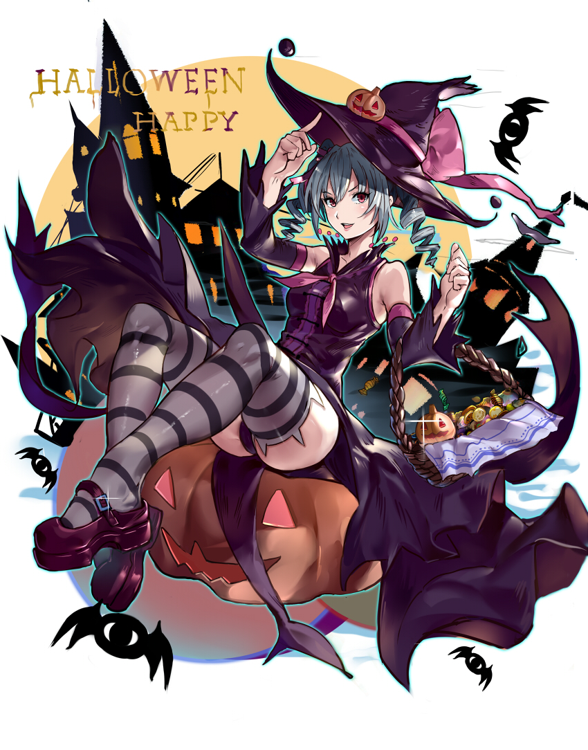 1girl black_legwear blush character_request copyright_request detached_sleeves drill_hair engrish eyebrows_visible_through_hair fang_xue_jun grey_hair grey_legwear happy_halloween jack-o'-lantern looking_at_viewer original parted_lips pumpkin ranguage short_hair smile solo striped striped_legwear thigh-highs