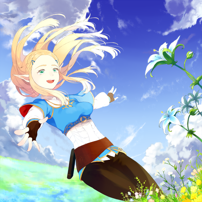 1girl :d bangs black_legwear black_pants blonde_hair blue_sky braid breasts ciatoli fingerless_gloves flower french_braid gloves grass green_eyes hair_ornament hairclip long_hair open_mouth outdoors outstretched_arms pants parted_bangs pointy_ears princess_zelda sky smile solo spread_arms the_legend_of_zelda the_legend_of_zelda:_breath_of_the_wild