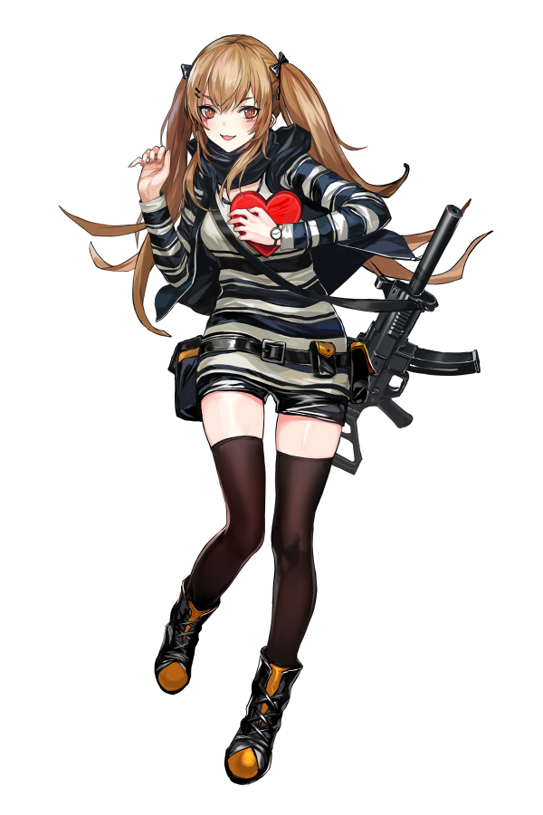 1girl :3 :d bangs black_boots black_legwear black_scarf black_shorts blush boots brown_hair eyebrows_visible_through_hair full_body gift girls_frontline gun h&amp;k_ump hair_ornament hairclip hands_up heart-shaped_box heckler_&amp;_koch holding holding_gift long_hair looking_at_viewer open_mouth red_eyes scarf short_shorts shorts sidelocks simple_background sling smile solo standing striped striped_sweater submachine_gun sweater thigh-highs thighs twintails ump9_(girls_frontline) valentine very_long_hair weapon white_background zagala