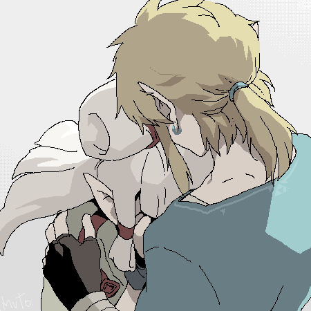 1boy 1girl blonde_hair covering_face earrings fingerless_gloves gloves hug jewelry link lowres paya_(zelda) pointy_ears ponytail sakurai_muto the_legend_of_zelda the_legend_of_zelda:_breath_of_the_wild white_hair