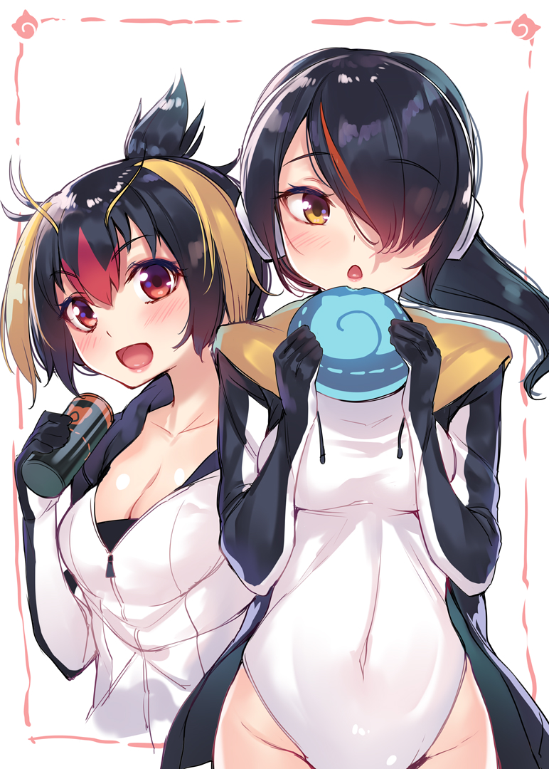 2girls :d black_hair blush breasts can chestnut_mouth cleavage covered_navel eating emperor_penguin_(kemono_friends) food holding holding_can holding_food hood hoodie japari_bun japari_symbol kemono_friends large_breasts looking_at_viewer medium_breasts multicolored_hair multiple_girls open_mouth orange_eyes red_eyes rockhopper_penguin_(kemono_friends) smile streaked_hair yaguo zipper