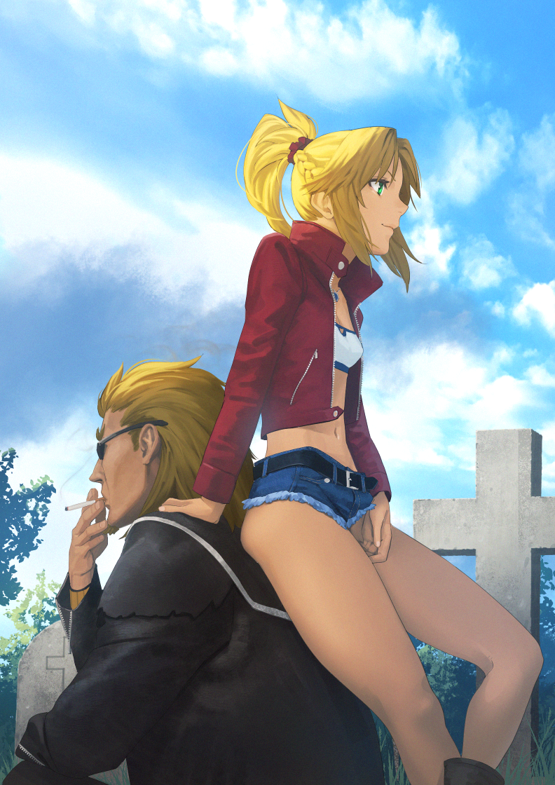 1boy 1girl amino_(tn7135) bandeau blonde_hair blue_sky braid breasts cigarette closed_mouth clouds cutoffs facial_hair fate/apocrypha fate_(series) goatee grass green_eyes jacket leather leather_jacket long_hair midriff navel outdoors ponytail red_jacket saber_of_red scrunchie shishigou_kairi short_shorts shorts sitting sitting_on_person sky small_breasts smile smoke smoking sunglasses tombstone tree
