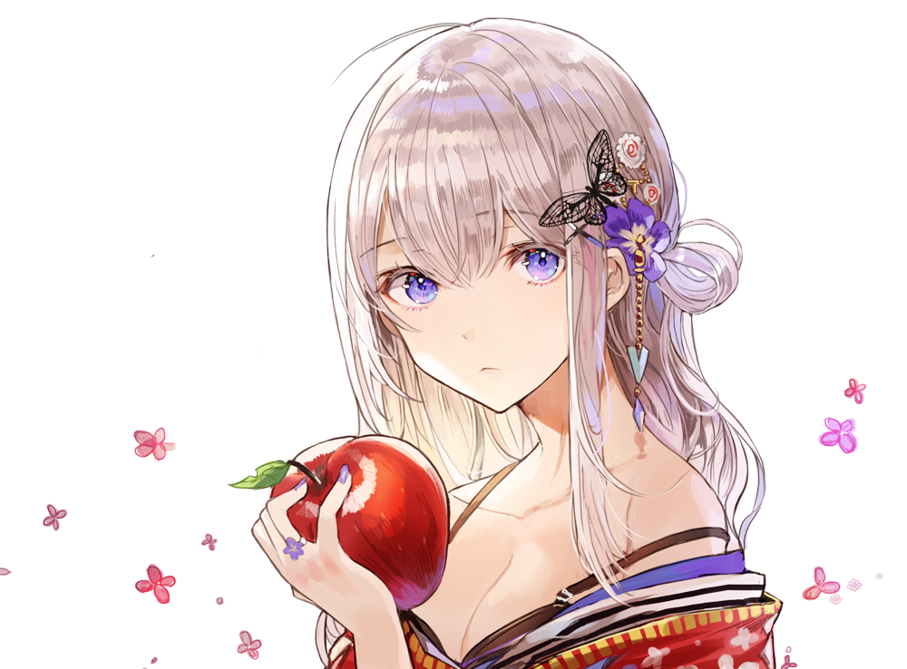 1girl :&lt; apple blue_eyes bra_strap breasts cleavage flower food fruit hair_flower hair_ornament japanese_clothes kim_eb kimono looking_at_viewer original silver_hair solo strap_slip white_background