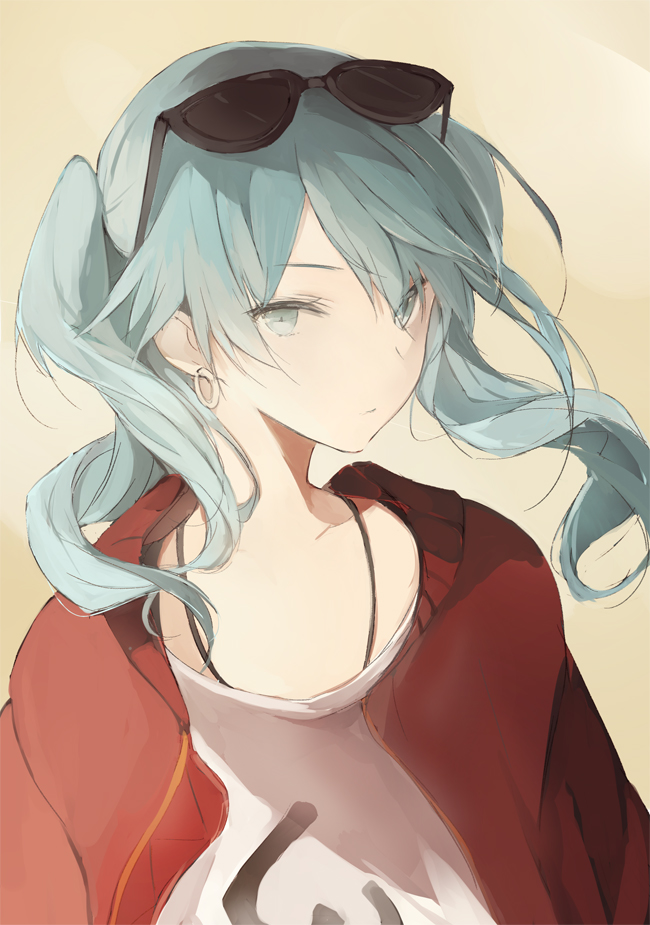1girl aqua_eyes aqua_hair bangs cardigan closed_mouth collarbone earrings hatsune_miku jewelry long_hair looking_at_viewer lpip off_shoulder open_cardigan open_clothes solo suna_no_wakusei_(vocaloid) sunglasses sunglasses_on_head twintails upper_body vocaloid wavy_hair