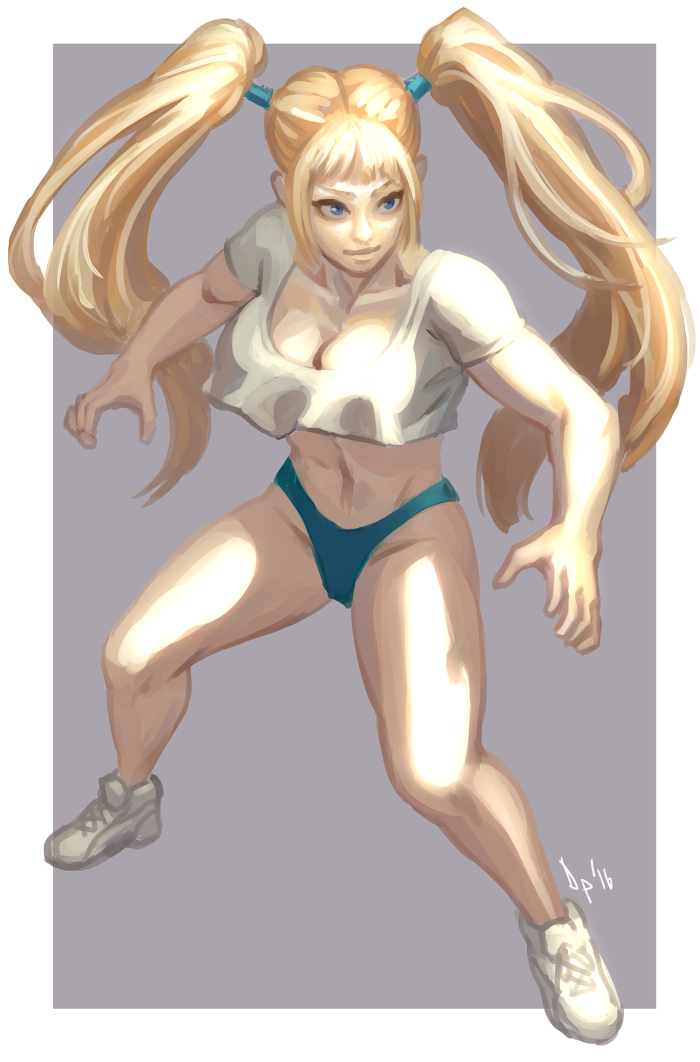 1girl blonde_hair blue_panties breasts casual cleavage crop_top crop_top_overhang diepod fighting_stance full_body large_breasts long_hair midriff no_mask no_pants panties rainbow_mika shoes sketch sneakers solo street_fighter street_fighter_v twintails underwear very_long_hair