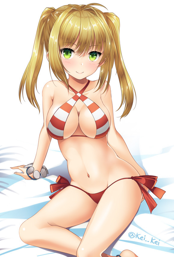 1girl ahoge arm_support bangs bikini blonde_hair blush breasts closed_mouth criss-cross_halter fate/grand_order fate_(series) green_eyes groin hair_intakes halterneck kei_kei large_breasts long_hair looking_at_viewer navel nero_claudius_(swimsuit_caster)_(fate) saber_extra sitting smile solo stomach striped striped_bikini swimsuit twintails twitter_username