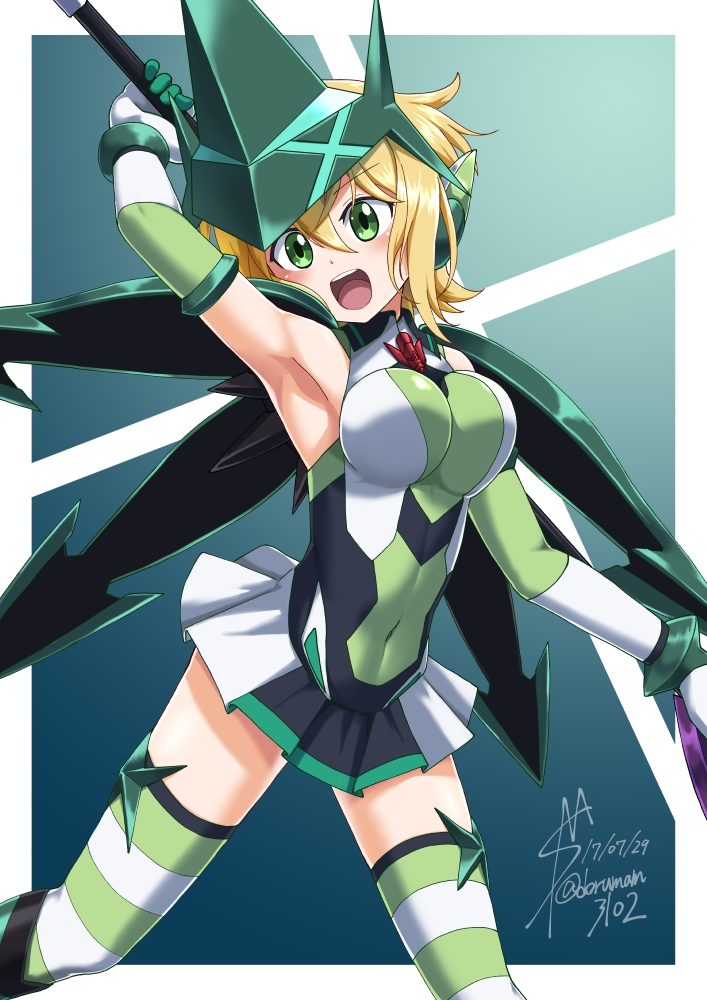 1girl akatsuki_kirika arm_up armpits artist_name blonde_hair blush breasts commentary_request covered_navel dated dorumam elbow_gloves gloves green_eyes holding holding_weapon leotard looking_at_viewer medium_breasts open_mouth round_teeth scythe senki_zesshou_symphogear shiny shiny_hair short_hair skin_tight skirt smile solo standing striped striped_legwear teeth thigh-highs weapon